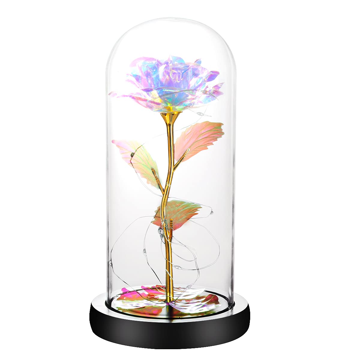 Veesee Galaxy Rose Flower Gifts for Women, Led Light Up Rose in Glass Dome, Gifts for Her, for Mom, Colorful Rainbow Glass Flower Home Decor, Birthday Thanksgiving Christmas Anniversary Wedding Gifts-image-8