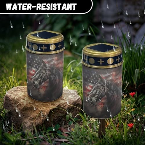 Image of American Flag Horse LED Solar Lights for Patriotic Landscape Waterproof Solar Light 4th of July Solar Power Light Flameless Candle for Cemetery Grave Memorial Decor 2 Pcs