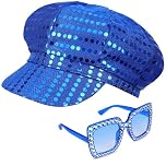 Yotako 2Pcs Glitter Hat Blue Hat for Abba Accessories Women with Sequins Hat Bling Sunglasses Disco Costume Set for Abba Fancy Dress Costume Accessories Women Theme Party Birthday Dance