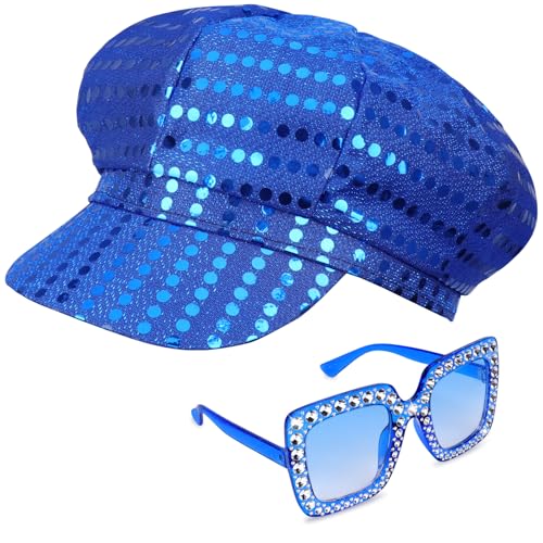 Yotako 2Pcs Glitter Abba Hat Blue Abba Accessories Women with Sequins Hat Bling Sunglasses Disco Costume Set Abba Fancy Dress Costume Accessories for Women Theme Party Birthday Dance