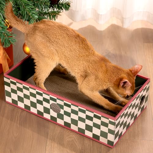 Conlun Katzen Kratzbrett mit Box, Großes Kratzmöbel, Beidseitige Kratzpappe für Katzen, Interaktive Öffnungen, Kratzbett für Wohnungskatzen, mit...