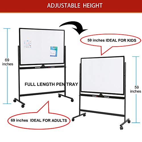 Large Mobile Dry Erase Board WhiteBoard, 48×32 inches Height Adjust Double Sided WhiteBoard, Rolling Stand with Aluminum Frame for Home Office Classroom