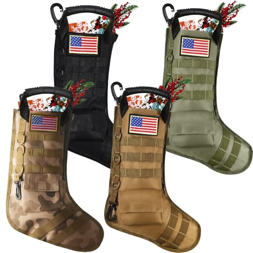 Zubebe 4 Pcs Tactical Christmas Stockings Patriotic Tactical Stockings Military Hanging Christmas Decorations with America Flag Patch for Xmas Army Veteran Gift Stuffers Filled Ornaments Decors