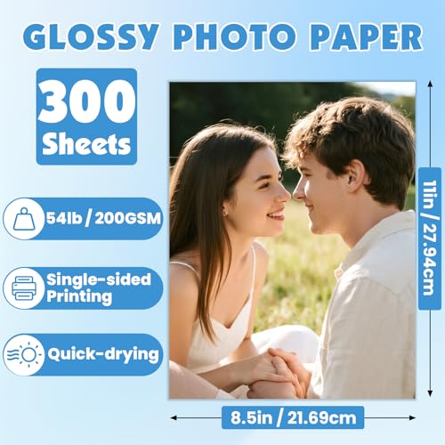 300 Sheets Glossy Photo Paper, 8.5in x 11in Inkjet Photo Printer Paper, Picture Paper for Photos, Calendars, Brochures, Cards, Menus(200gsm / 54lb)
