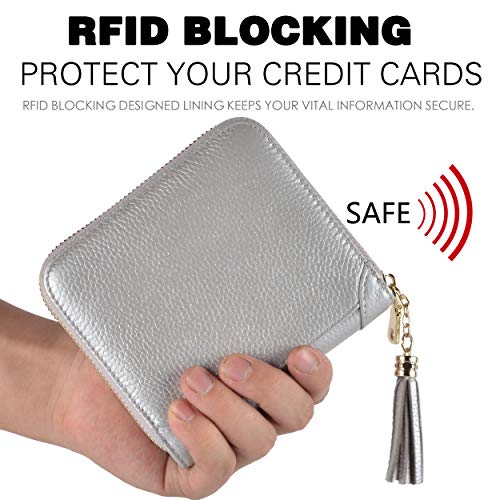 Easyoulife Womens Credit Card Holder Wallet Zip Leather Card Case RFID Blocking (Silver)