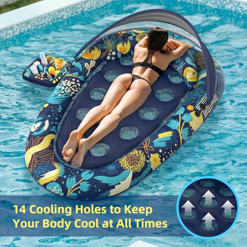 Image of Sunikko X 3-in-1 Pool Floats with Canopy Cup Holder, Tanning Pool Large 73 inch x 48 inch Float Adult Heavy Duty, Inflatable Lounger Raft Floating Chair with Backrest, Swimming Pool Lake Beach Party