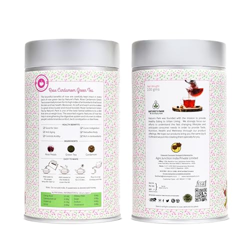 Image of Nature's Park - Rose Cardamom Green Tea - 100g - Natural Stress Reliever, Skin & Hair Health with Antioxidants - Made with 100% Loose Leaf, Natural Cardamom & Rose Petals - Herbal Tea