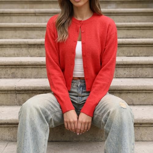 Image of Women Y2K Button Front Crop Sweater Cardigan Solid Color Crew Neck Long Sleeve Knit Fall Tops Streetwear