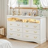 JanflyHome Vintage 6 Dresser for Bedroom, 55' Wide Wood Rustic Chest of Drawers with LED Lights, Farmhouse 6 Drawers Dresser with Natural Texture for Living Room, Entryway, Hallway, White