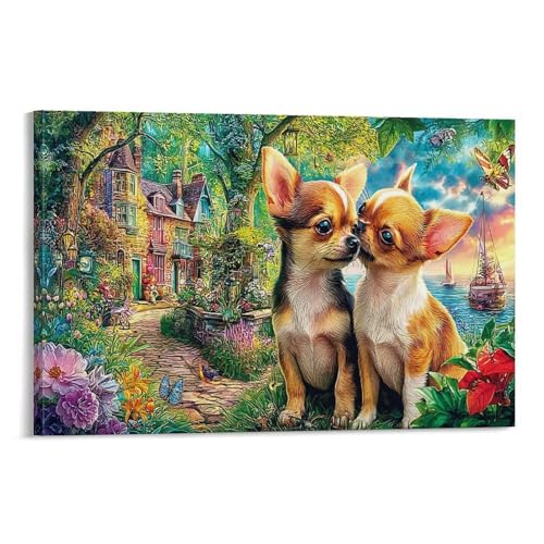 Chihuahuas en Jardín Soltero Dos Chihuahuas Besando Jardín Costero Arte Para Paredes De La Casa Pintura De Lienzo Para Dormitorio Pieza De Declaración Removible Decoración 16x24inch(40x60cm)