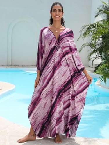 Image of IMAGEKOPE Women's Plus Size Animal Print V-Neck Batwing Kaftan Beach Dress Bathing Suit Cover-Up Loungewear