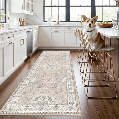 Washable 3x8 Kitchen Runner Rug: Indoor Oriental Hallway Carpet Low-Pile Stain Resistant Entryway Bathroom Area Rug Non Slip Vintage Soft Floor Mat for Living Room Bedroom Boho Home Decor(3x8 Beige)