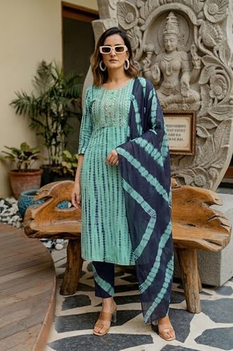 Image of MIRCHI FASHION Pure Cotton Women Straight Embellished Ajrakh Print Kurti Set with Dupatta and Pant