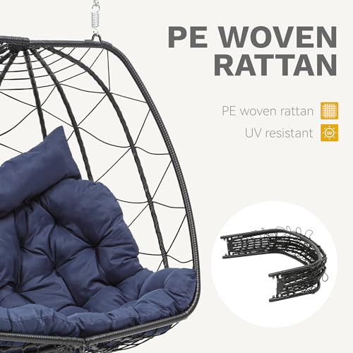 DWVO Doule Egg Hanging Swing Chair with Stand Egg Chair Wicker Indoor Outdoor Hammock Egg Chair with Cushions 500lbs for Patio, Bedroom, Garden and Balcony, Blue