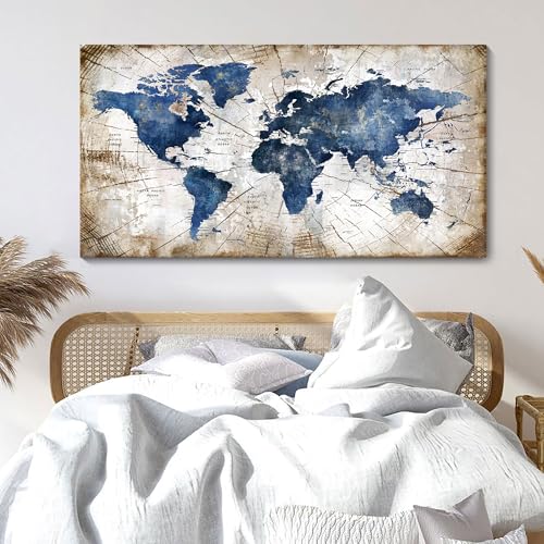 Image of World Map Canvas Wall Art Abstract Navy World Maps for Wall Vintage Modern Wall Art for Office Framed Pictures for Living Room Bedroom Wall Decoration for Home Office Decor Artwork for Walls 24x48IN