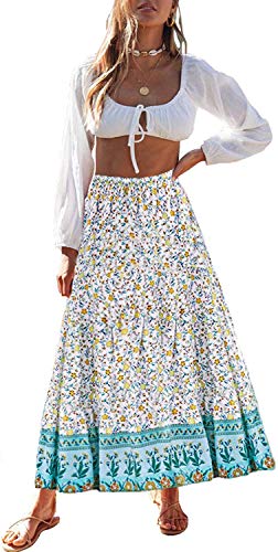 MEROKEETY Falda midi plisada de cintura alta con estampado floral Boho para mujer con bolsillos - azul - X-Large