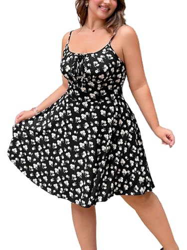 Floerns Women's Plus Size Boho Floral Milkmaid Bow Tie Ruched Cami Summer Holiday Flowy Mini Dress Black XX-Large Plus
