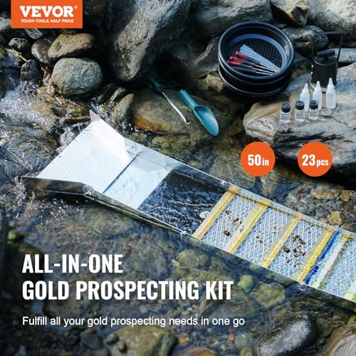 Image of VEVOR Complete Sluice Box Gold Panning Kit, 50 inch Folding Aluminum Alloy Gold Mining Equipment, 23 PCS Gold Prospecting Kit with Gold Pan, Classifier Screen, Separating Magnet, Backpack and More