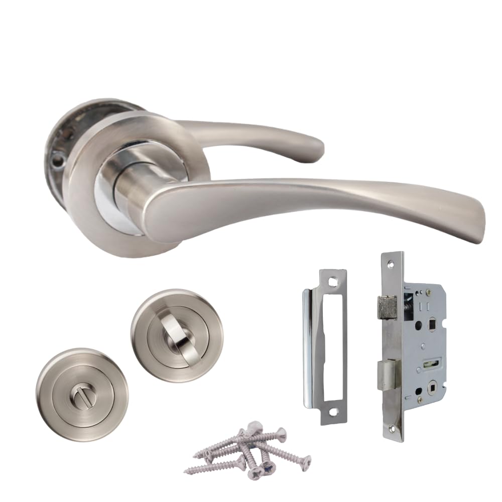 Epsom Door Handle Silver Epsom Duo Twist Door Handle – Satin Chrome Lever On Rose | Latch, Escutcheon, Or Bathroom Privacy With Thumb Turn | 1, 4 Or 6 Pairs (Bathroom Version – Bathroom Sash Lock + Thumb Turn)
