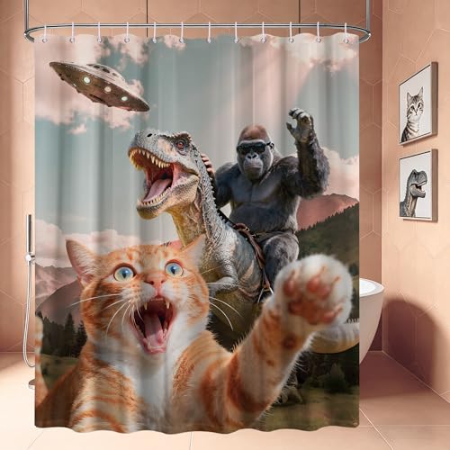 Image of Funny Cat Riding Dinosaur Shower Curtain UFO, 70x72 Inch | Boys Design, Gorilla Pattern Theme, Monkey Bathroom Decor Sets, Waterproof Cloth Fabric, with Hooks