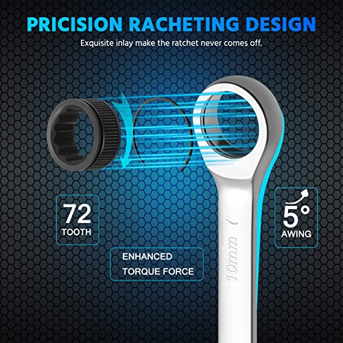 Disen 7Pcs Metric Ratcheting Combination Wrench Set Pro-Grade With Unbreakable Rack, 12 Points, 72 Teeth Box End & Open End, Premium Cr-V Steel #TOP2