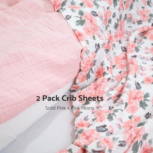 Image of LollyBanks Muslin Crib Sheet, 100% Cotton Fitted Crib Sheets for Girls | 2 Pack, Lightweight airy weave, full elastic hem for a snug fit on 52 x 28 in standard mattresses (Pink Peony and Solid Pink)