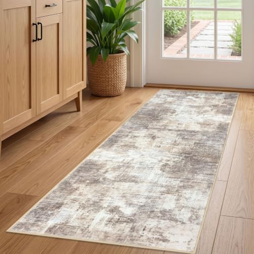 IOHOUZE Abstract Runner Rug 2x5 Ft Washable Runners for Hallways, Non Slip Kitchen Runner Printed Faux Wool Entryway Runner Indoor, Modern Abstract Floor Carpet for Hall Kitchen Bedroom, Beige Brown