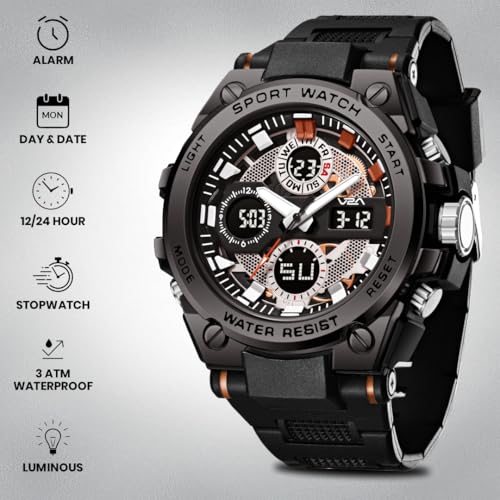 Image of V2A Stryke-TERRAX 5220 Analog-Digital Sports Watch for Men | Bold 3D Dial Design | 50M Waterproof Quartz Watch with Alarm, Stopwatch, Day-Date & Backlight | Rugged Everyday Performance