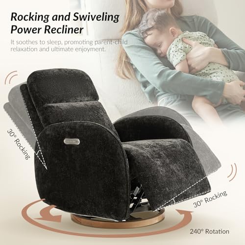 Image of HULALA HOME Glider Recliner Nursery Chair with Adjustable Headrest and Lumbar Support, Modern Power Recliner with USB Port and Nightlight, Swivel Rocker Glider for Nursing Room Bedroom, Black
