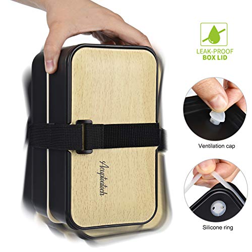 Lunch Bento Box With Upgraded Adjustable Strap, Stackable Reusable Leakproof Food Container, Bpa Free, Fashion 2 Tiers Japanese Style, Suitable For Office Camp Picnics, 1200Ml, Bamboo Black #TOP2