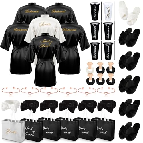 Shyyween 42 Pcs Bridesmaid Bride Robes Set of 6 Bridal Party Silk Satin Robes for Wedding Bachelorette Party Gifts(White Black)