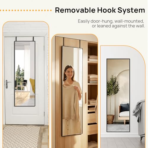 Image of Alpen Mirror Full Length - Over The Door Hanging, 47x14 Inches Hanging Door Mirror Full Body, No Drill Installation, Suitable for Bedroom & Closet, Black