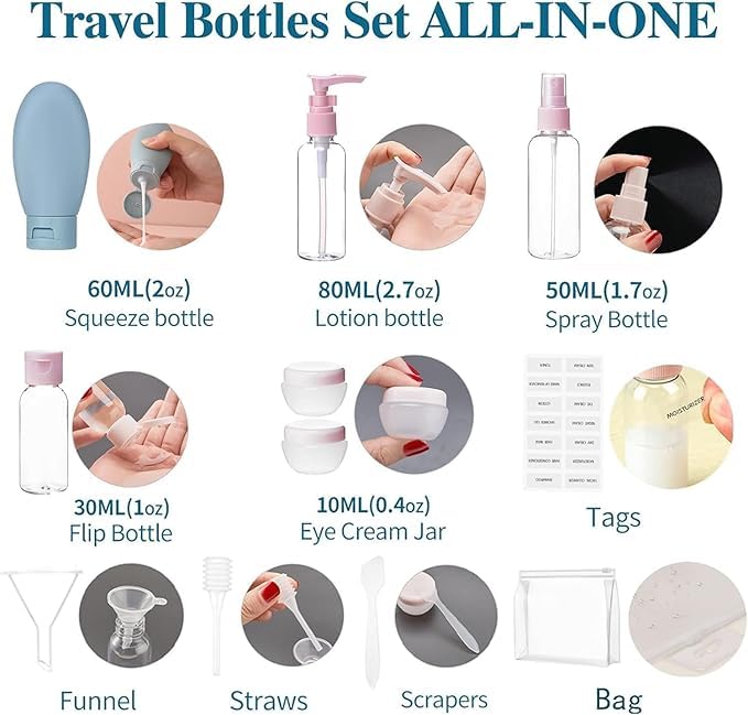 Padchaaya 11 pcs Silicone Travel Bottles, Travel Bottles for Filling, Part Travel Set with Toiletry Bag, Travel Bottle Set for Shampoo, Lotion, Conditioner, Shower Gel 1