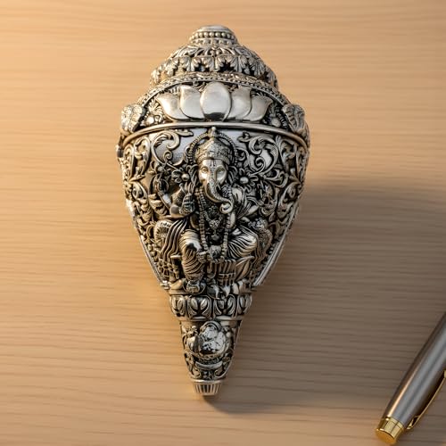 Image of 999 Pure Silver Plated Ganesh Shankh | 6 Inch Grand Vastu Showpiece for Success & Wealth | Sacred Conch Shell Idol for Home Temple & Altar