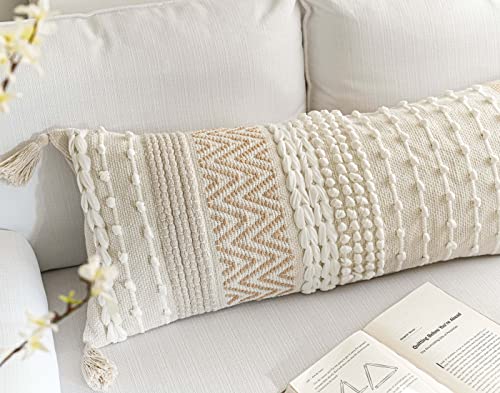 Blissblush Neutral Cream & White Lumbar Pillow Cover 14X36 Inch, Boho Woven Textured Lumbar Pillow Cover, Cream Color Body Pillow Cover, Lumbar Pillow For Bed, Couch Bench Lumbar Pillow (Cover Only) #TOP3