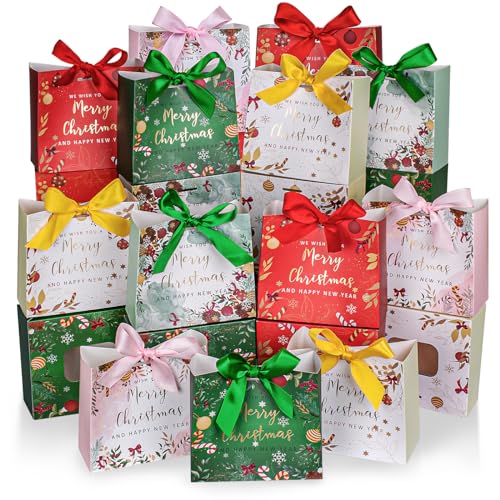 DECHISY 25 Pack Small Christmas Gift Bags 5.1 x 4.5 x 2.2 Inches Mini Xmas Gift Bags Small Gift Bag Christmas for Wrapping Presents Classroon Exchange Xmas Decor (Mix Color)