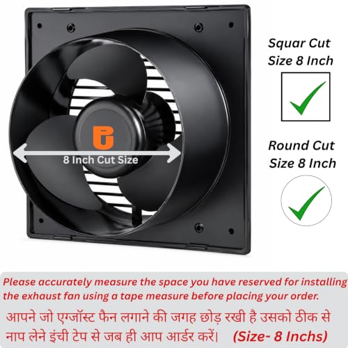 Image of 8 Inch Exhaust Fan for Kitchen, Bathroom, Office & Commercial Use | High Speed Ventilation Fan | Low Noise | Energy Efficient Motor | Rust Resistant Body | Easy Wall Mount (8 Inch Black)