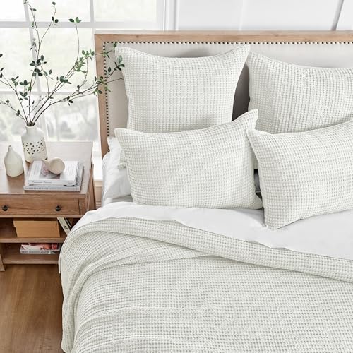 Image of Levtex Home Mills Waffle Queen Bedspread Set (106x106in) with 2 Pillow Shams (26x20in) - Cream - Cotton Waffle Queen Size Bedspread Set - Lightweight, Soft, Pre-Washed