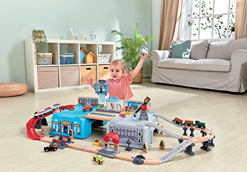 Hape Super Cityscape Transport Bucket Set | Wooden Toy Train Set with City Scenes, Plane, Battery-Powered Engine, for Children 3+ Years - image 2