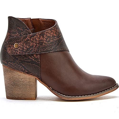 Tinstree Ankle Boots For Women Low Heel,Women Zip Boots Chunky Heel Snake Skin Pattern Retro Western Point Toe Classy Leather Pu Shoes Bootie Synthetic Sole Casual Brown,10 #TOP4