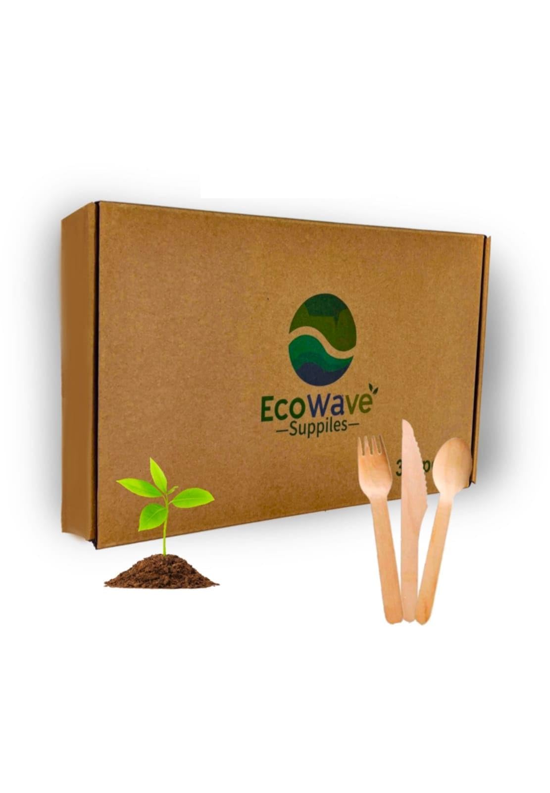 Juego de cubiertos 100 % compostables, 300 utensilios de madera compostables [120 tenedores, 90 cuchillos, 90 cucharas] – cubiertos de madera desechables