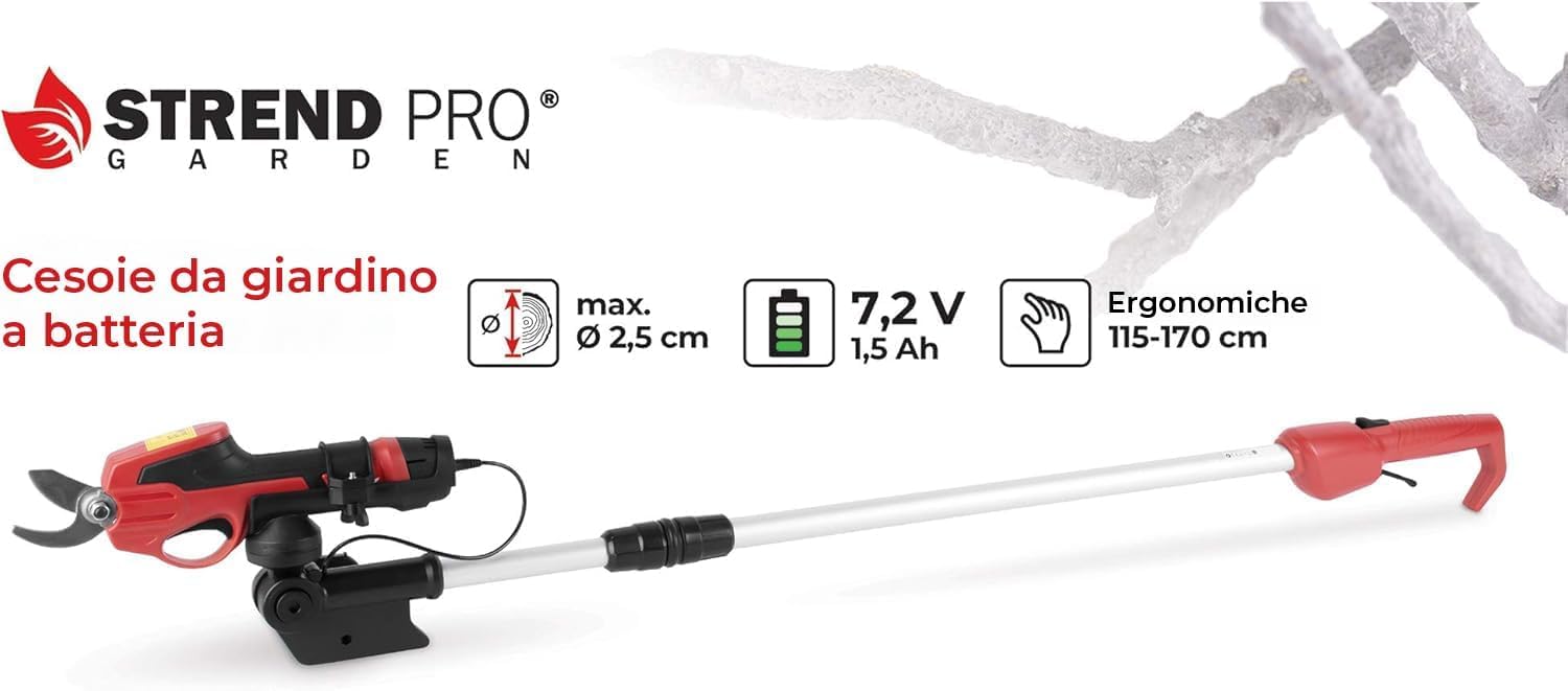 STREND PRO Forbici Potatura a Batteria Telescopiche, Cesoie per Alberi e Giardini, Max. 22 mm, Asta Telescopica 170 cm, 7.2V, Rosse