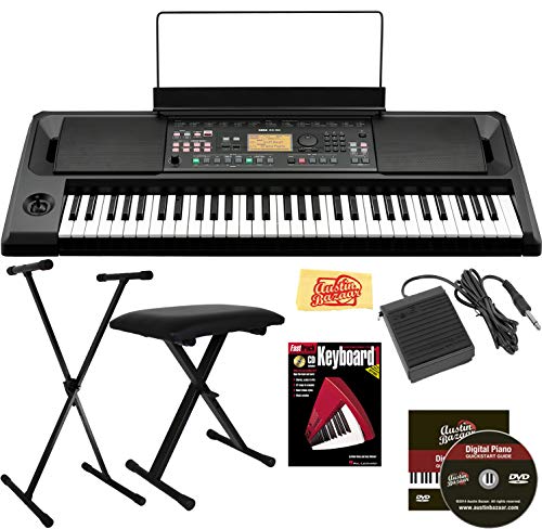 Korg EK-50 61-Key Entertainer Keyboard Bundle with Adjustable Stand, Bench, Sustain Pedal, Instructional Book, Austin Bazaar Instructional DVD, and Polishing Cloth