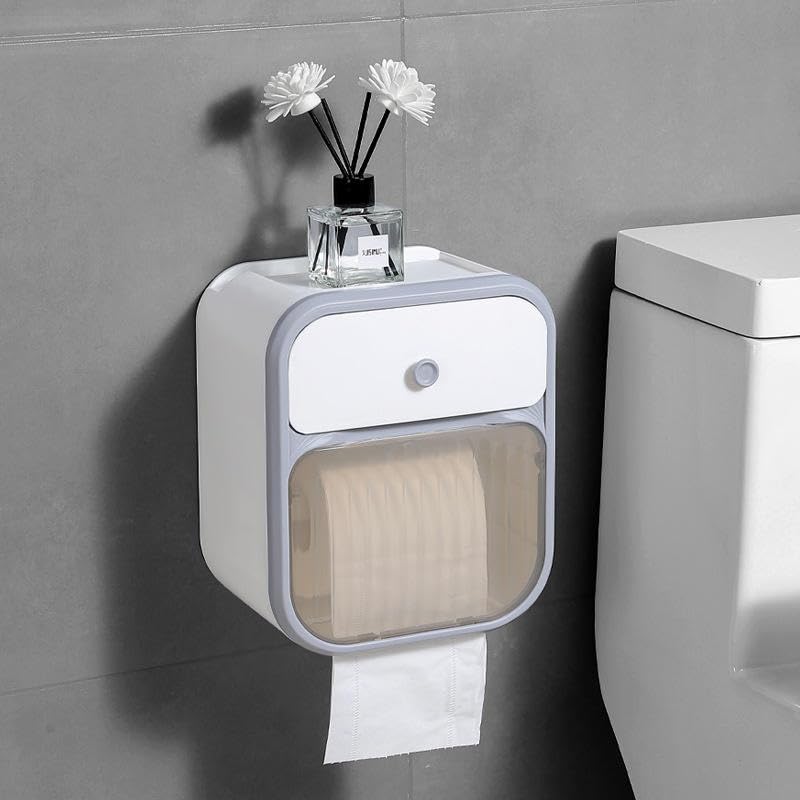 Image of Self-Adhesive Toilet Paper Holder with Phone Stand - Wall Mounted Tissue Roll Dispenser Tray for Bathroom | Space-Saving & Stylish Accessory