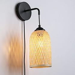 Lampara Bambu Mesita Noche B·LED BARCELONA LED BarcelonaLED Aplique de Pared con Enchufe de Mimbre Bambú Ratán con Cable Interruptor casquillo E27 para Luz Interior Mesita de Noche Salón Dormitorio