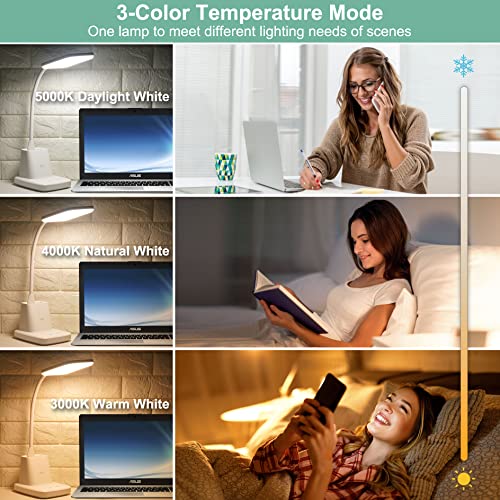 Golspark Desk Lamp With Wireless Charger, Led Desk Lamps For Home Office Eye-Caring Cri 85+, 3 Color Modes, Stepless Dimming Touch Table Lamp, Study Small White Lamp With Pen Holder For College Dorm #TOP2