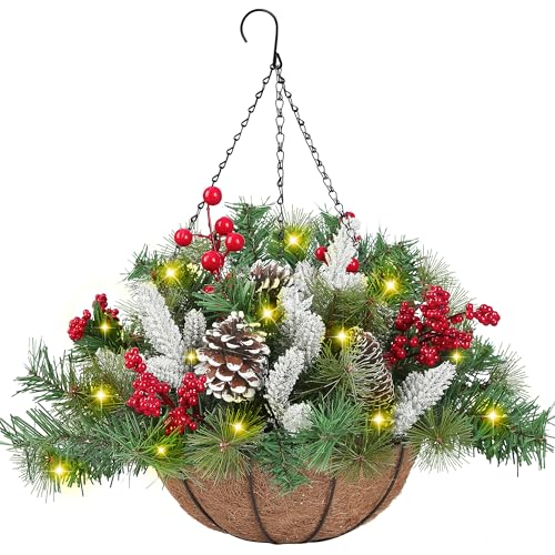 Sggvecsy Artificial Christmas Hanging Basket for Outdoor Decoration with Frosted Pine Needles Pinecones Red Berries Fake Plants Faux Christmas Pine Branches for Home Porch Garden Patio Xmas Decor