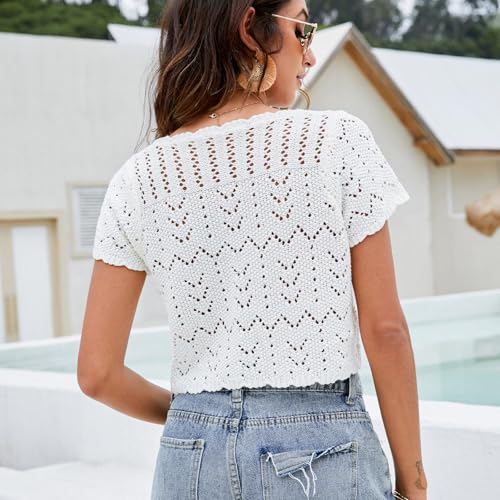 Women’s Summer Short Sleeve Cropped Crochet Cardigan Tie Front Open Knit Bolero Shrug Lightweight for Casual Beach Vacation4