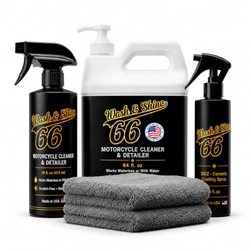 Image of Shinykings Wash&Shine 66 Pro System Motorcycle Cleaning Kit - Waterless or Wet Motorcycle Wash,16 oz Cleaner + 64 oz Refill Jug, NanoGloss Shield SiO₂ Ceramic Spray, 2 Premium Microfiber Towels.