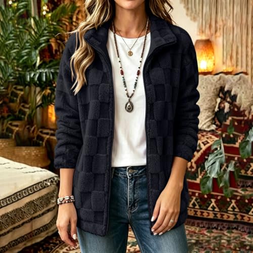 Fleece Jacket Women Checkered Textured Teddy Coat Fall Winter Warm Outfits - image 8